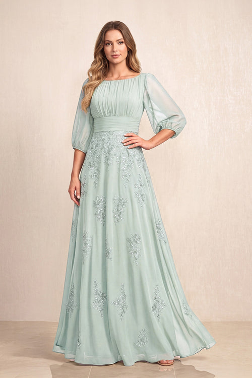 Sage Chiffon A-Line Embroidered Boat Neck Long Mother of the Bride Dress | KISSBRIDAL