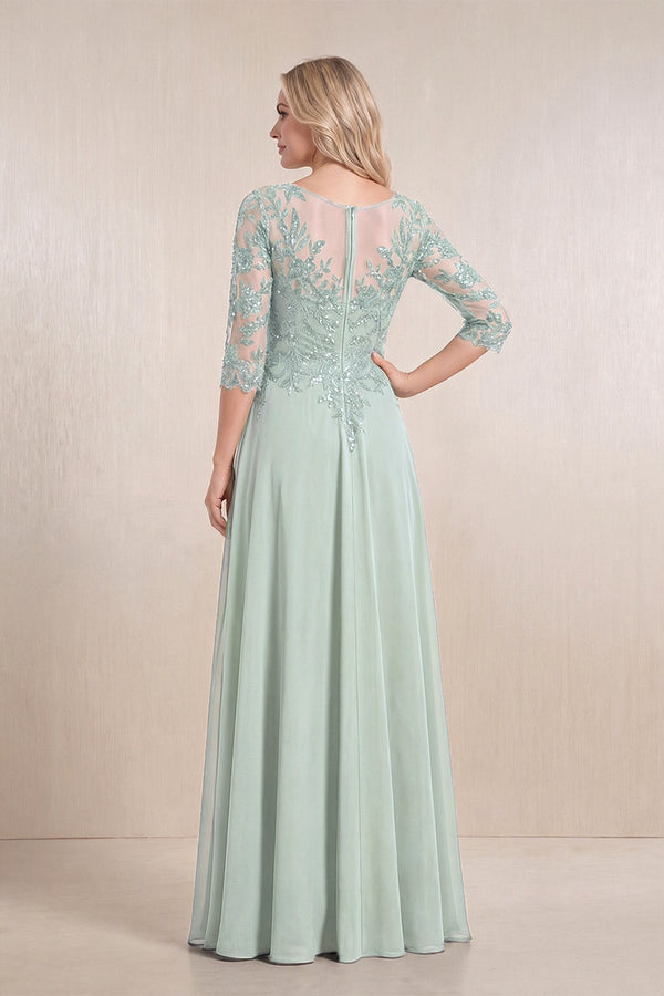 Sage Chiffon A-Line Embroidered Mother of the Bride Dress With Sleeves (2) | KISSBRIDAL