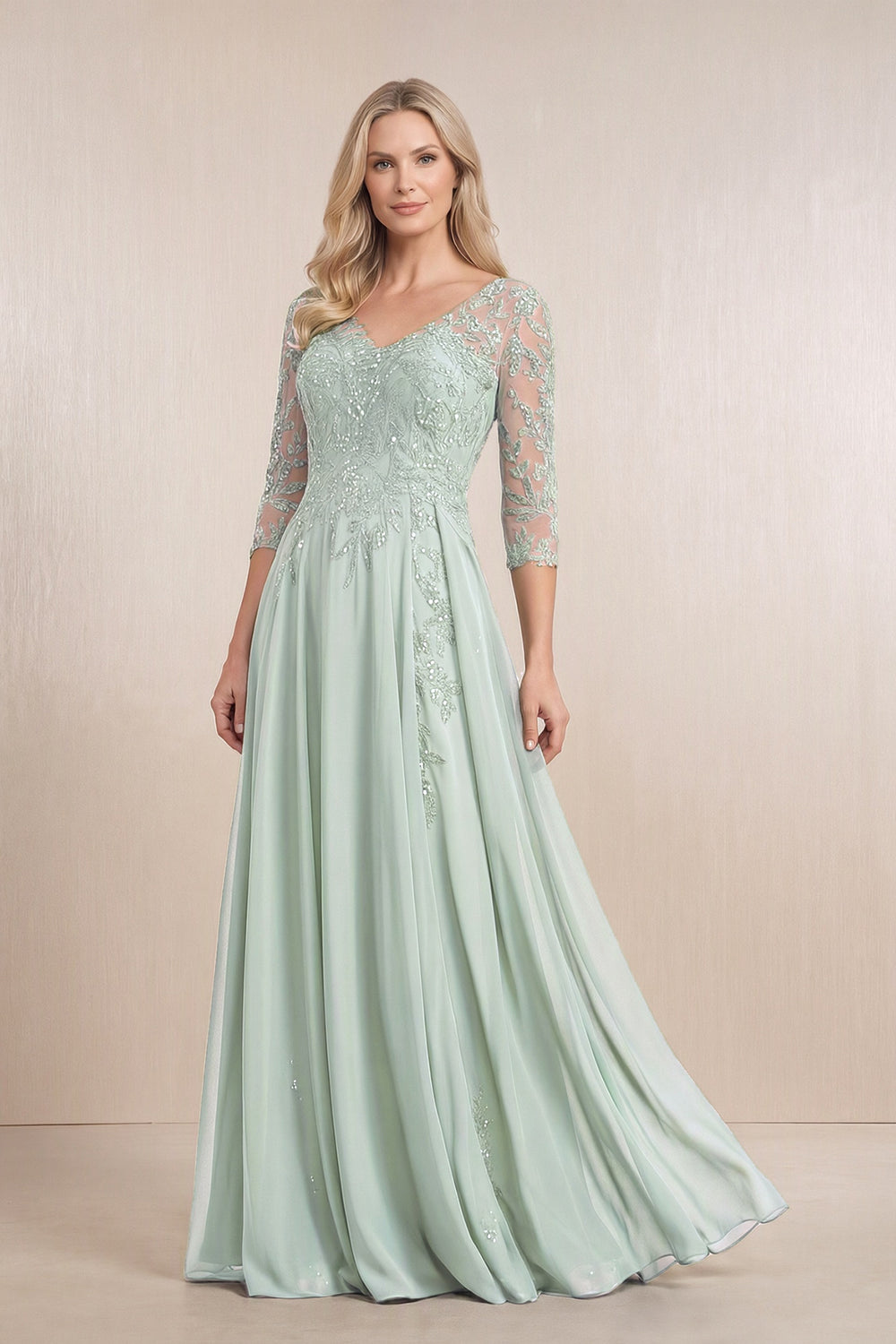 Sage Chiffon A-Line Embroidered Mother of the Bride Dress With Sleeves