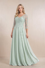 Sage Chiffon A-Line Embroidered Mother of the Bride Dress With Sleeves | KISSBRIDAL