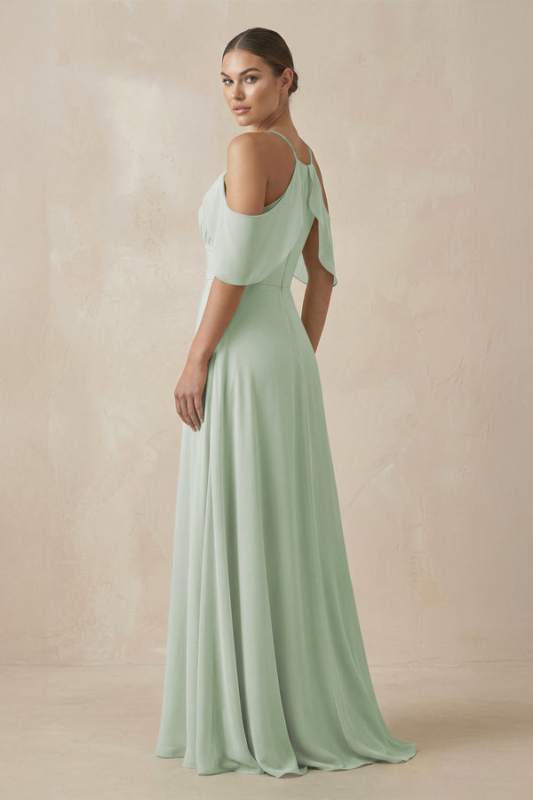 Sage Chiffon A-Line Long Bridesmaid Dress (2) | KISSBRIDAL