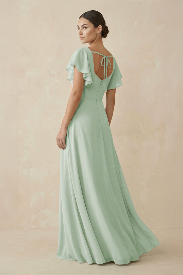 Sage Chiffon A-Line Long Bridesmaid Dress with Flutter Sleeves (2) | KISSBRIDAL