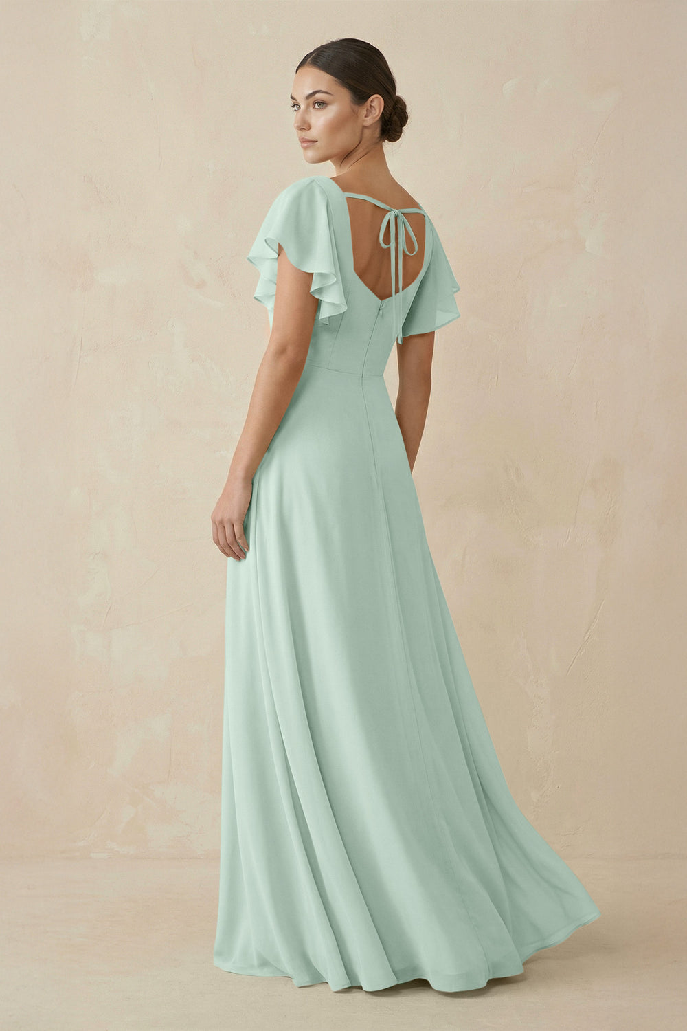 Chiffon A-Line Long Bridesmaid Dress with Flutter Sleeves in Sage