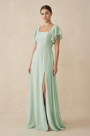Sage Chiffon A-Line Long Bridesmaid Dress with Flutter Sleeves | KISSBRIDAL