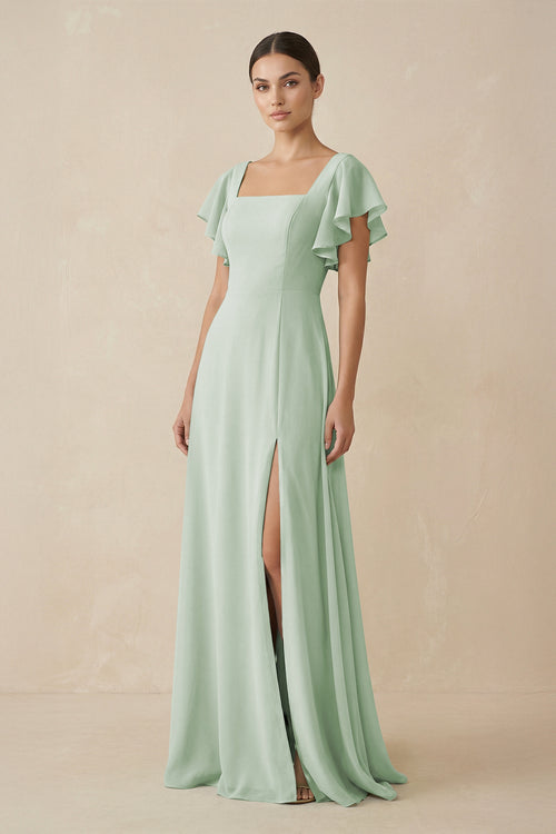 Sage Chiffon A-Line Long Bridesmaid Dress with Flutter Sleeves | KISSBRIDAL