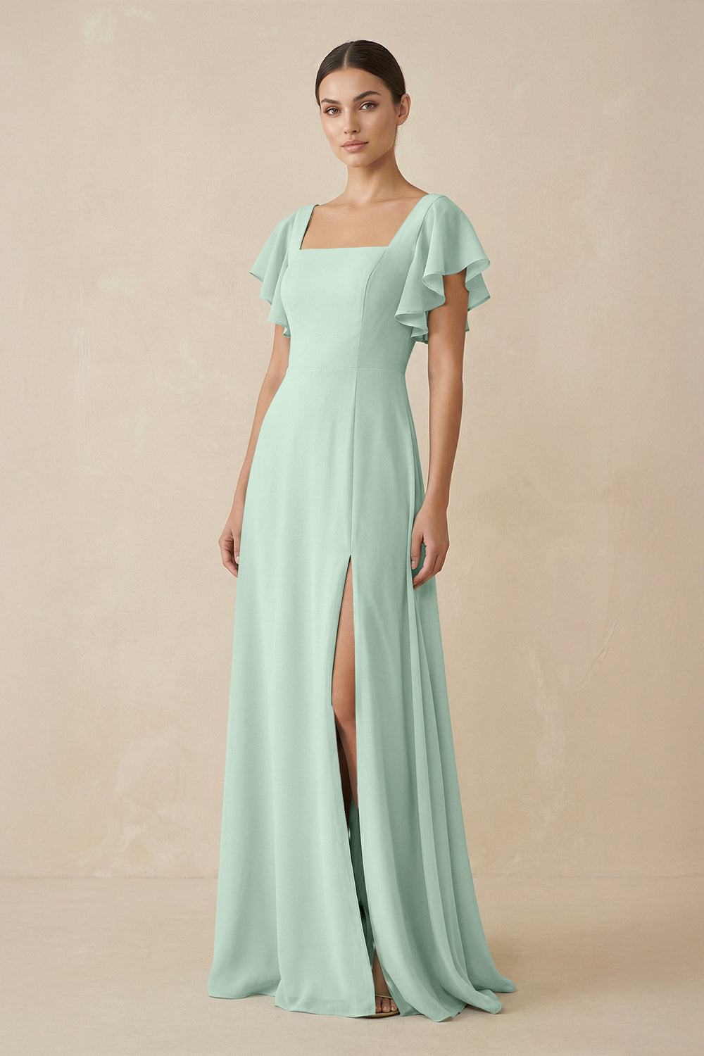 Chiffon A-Line Long Bridesmaid Dress with Flutter Sleeves in Sage