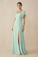 Sage Chiffon A-Line Long Bridesmaid Dress with Flutter Sleeves | KISSBRIDAL