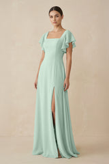 Sage Chiffon A-Line Long Bridesmaid Dress with Flutter Sleeves | KISSBRIDAL