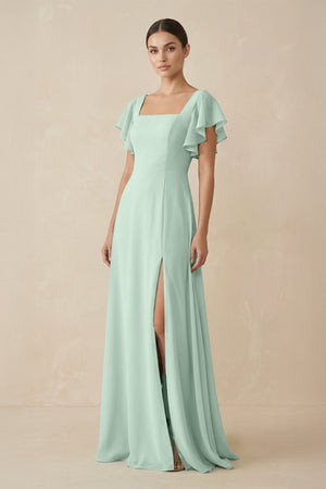 Sage Chiffon A-Line Long Bridesmaid Dress with Flutter Sleeves | KISSBRIDAL
