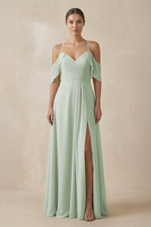 Sage Chiffon A-Line Long Bridesmaid Dress | KISSBRIDAL