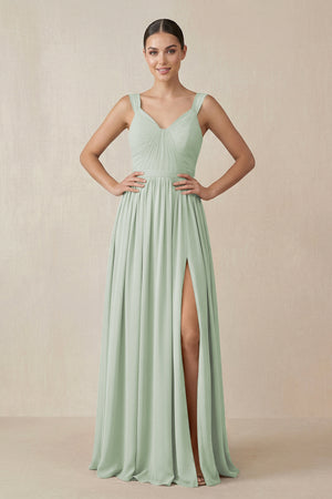 Sage Chiffon A-Line Pleated Bridesmaid Dress | KISSBRIDAL