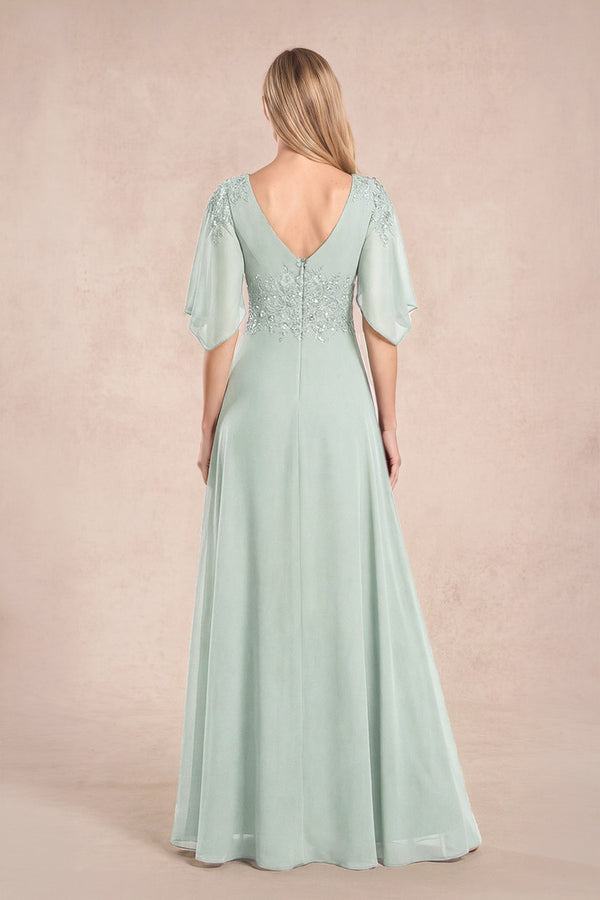 Sage Chiffon Lone Sleeves A-Line V-Neck Embroidered Mother of the Bride Dress (2) | KISSBRIDAL