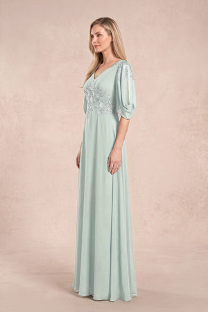 Sage Chiffon Lone Sleeves A-Line V-Neck Embroidered Mother of the Bride Dress (3) | KISSBRIDAL