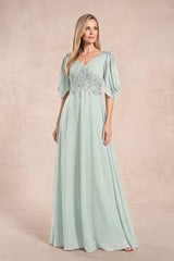 Sage Chiffon Lone Sleeves A-Line V-Neck Embroidered Mother of the Bride Dress | KISSBRIDAL