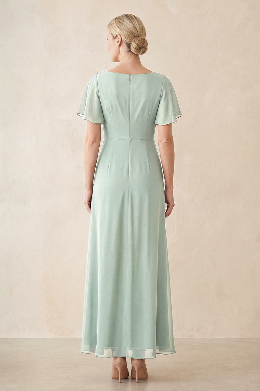 Sage Chiffon Ruched A-Line Ruffled Sleeves Midi Mother of the Bride Dress