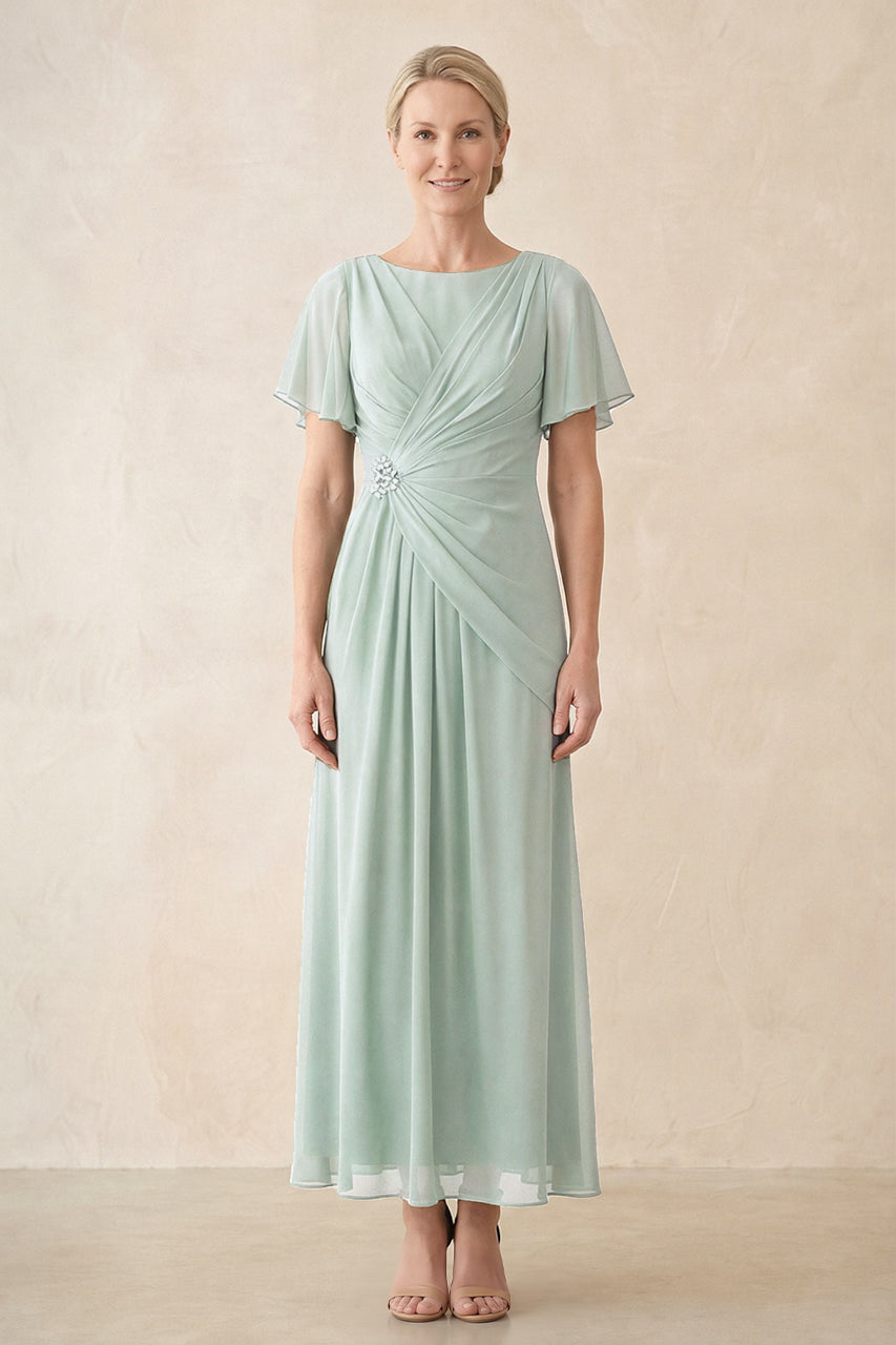 Sage Chiffon Ruched A-Line Ruffled Sleeves Midi Mother of the Bride Dress