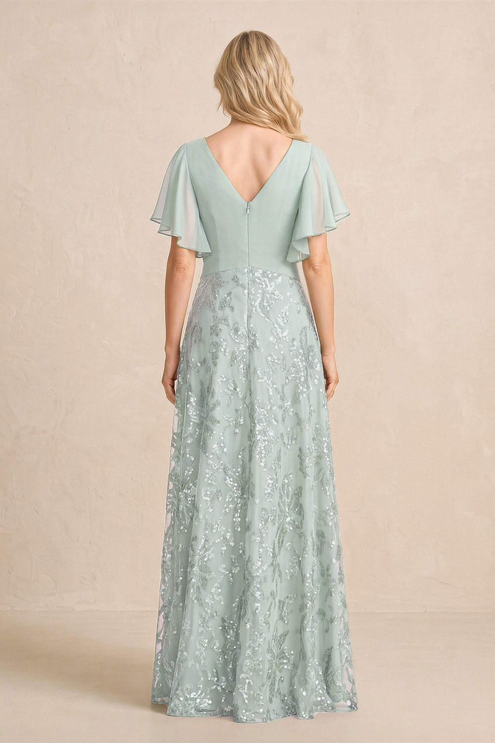 Sage Chiffon V-Neck A-Line Embroidered Mother of the Bride Dress with Ruffled Sleeves