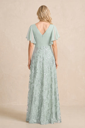 Sage Chiffon V-Neck A-Line Embroidered Mother of the Bride Dress with Ruffled Sleeves (2) | KISSBRIDAL