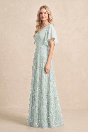 Sage Chiffon V-Neck A-Line Embroidered Mother of the Bride Dress with Ruffled Sleeves (3) | KISSBRIDAL