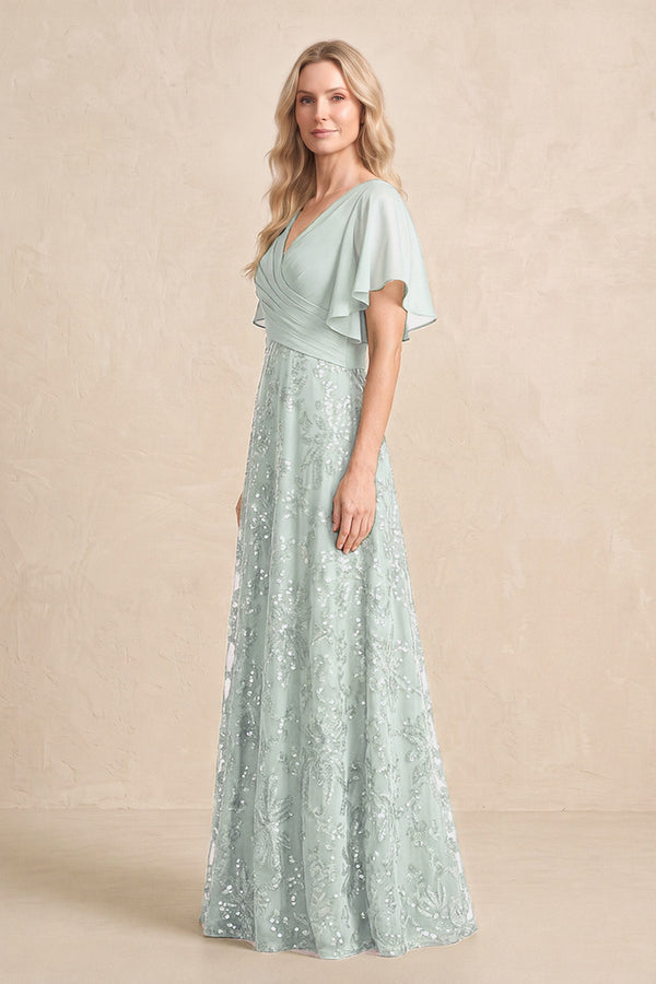 Sage Chiffon V-Neck A-Line Embroidered Mother of the Bride Dress with Ruffled Sleeves (3) | KISSBRIDAL