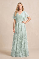 Sage Chiffon V-Neck A-Line Embroidered Mother of the Bride Dress with Ruffled Sleeves | KISSBRIDAL