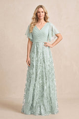 Sage Chiffon V-Neck A-Line Embroidered Mother of the Bride Dress with Ruffled Sleeves | KISSBRIDAL