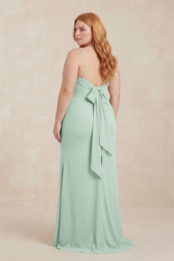 Sage Cowl Neck Sheath Chiffon Bridesmaid Dress with Corset (2) | KISSBRIDAL