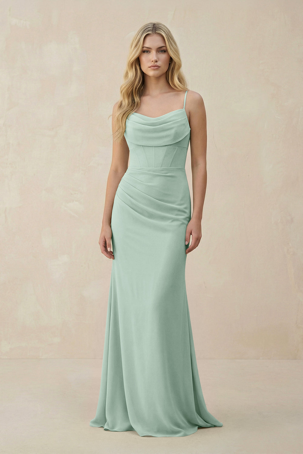 Cowl Neck Sheath Chiffon Bridesmaid Dress with Corset in Sage