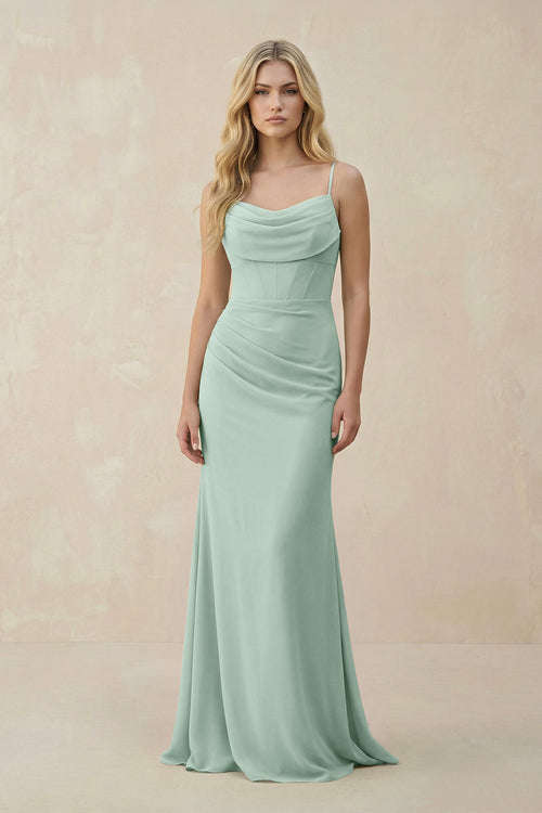 Sage Cowl Neck Sheath Chiffon Bridesmaid Dress with Corset | KISSBRIDAL