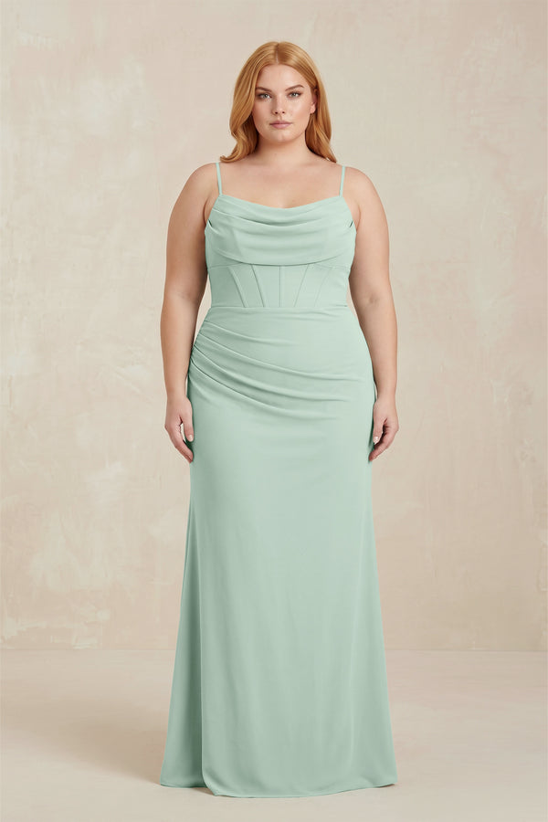 Sage Cowl Neck Sheath Chiffon Bridesmaid Dress with Corset | KISSBRIDAL