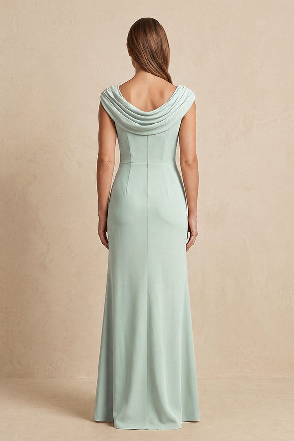 Sage Cowl Neck Sheath Chiffon Mother of the Bride Dress with Slit and Cap Sleeves (2) | KISSBRIDAL
