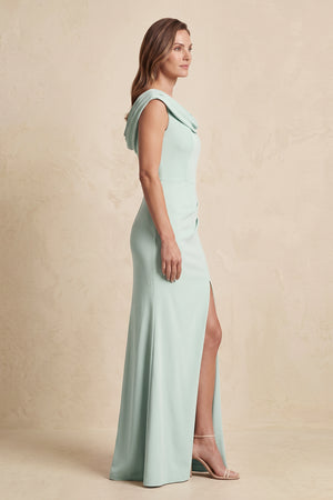 Sage Cowl Neck Sheath Chiffon Mother of the Bride Dress with Slit and Cap Sleeves (3) | KISSBRIDAL