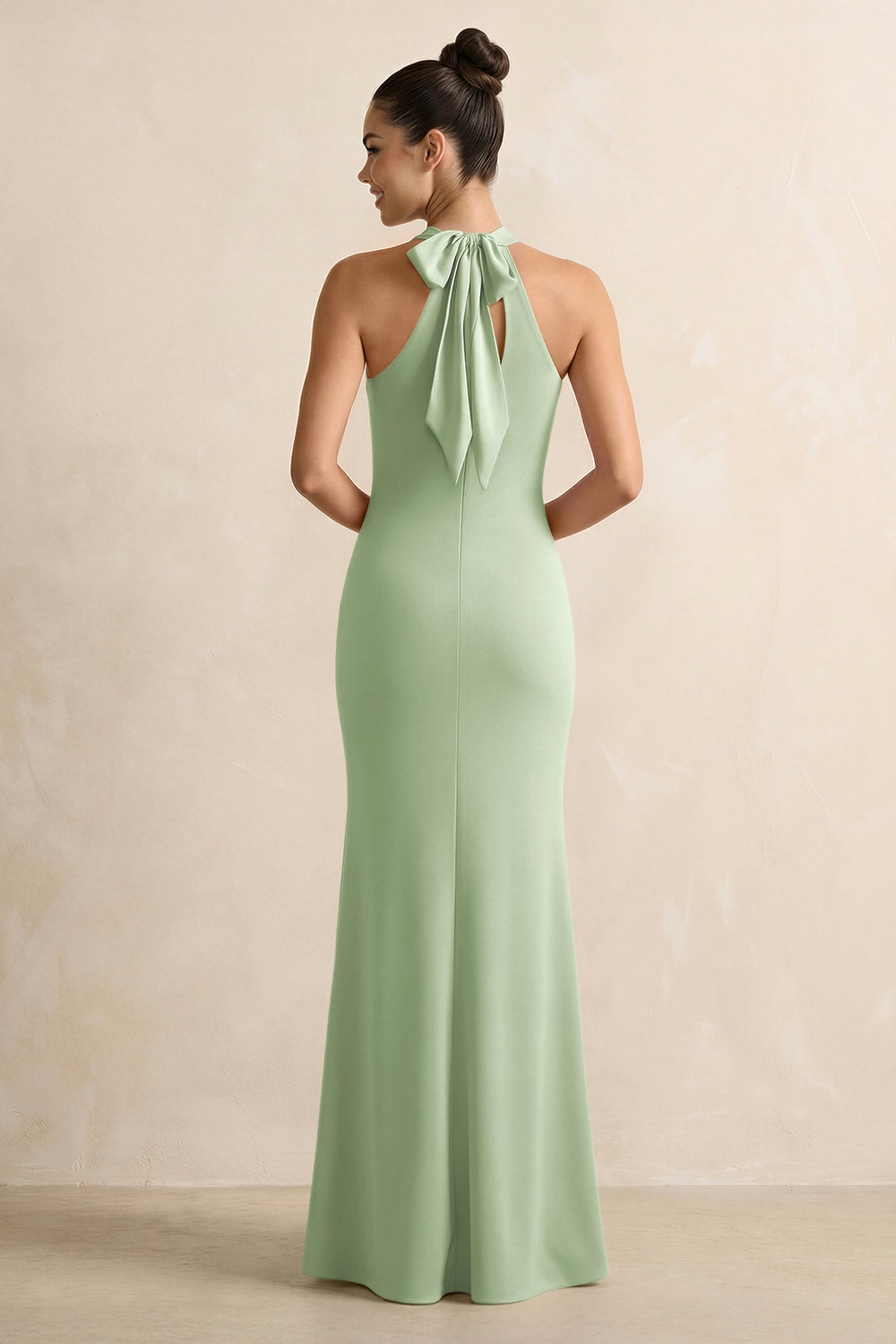 Crisscross Halter Sheath Satin Bridesmaid Dress with Bow in Sage