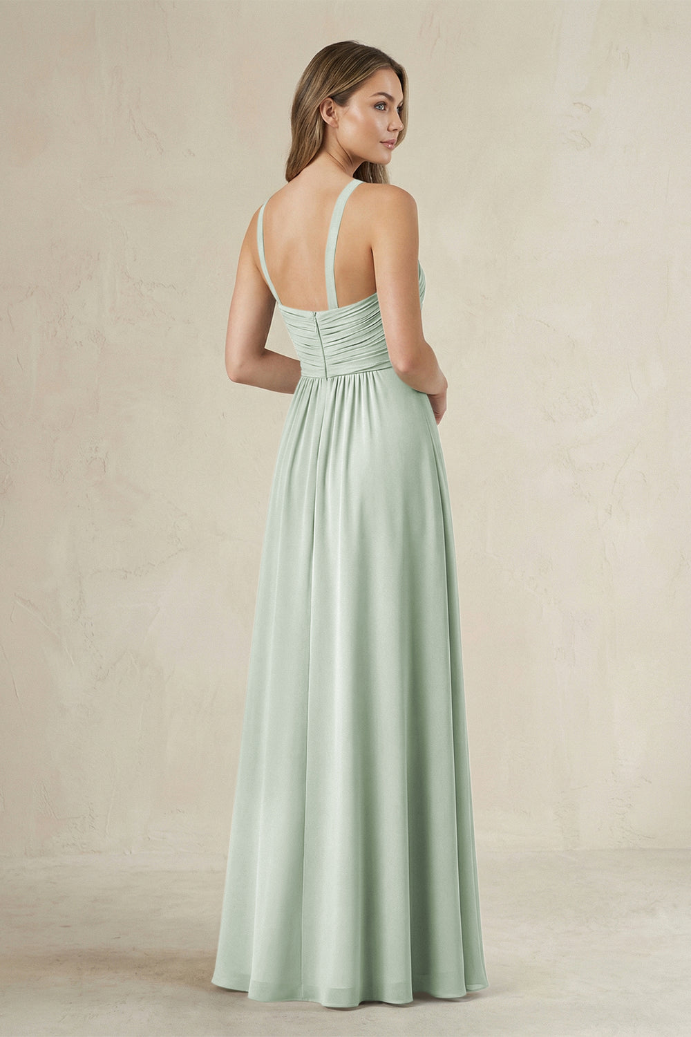 Cross Halter A-Line Pleated Bridesmaid Dress in Sage