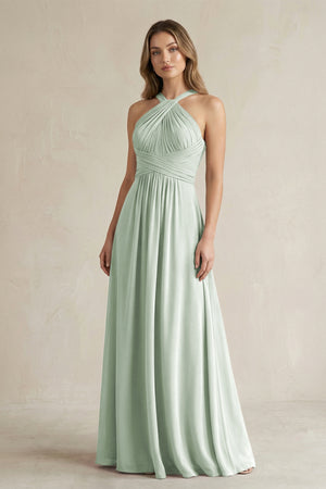 Sage Cross Halter A-Line Pleated Bridesmaid Dress | KISSBRIDAL
