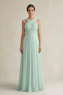 Sage Cross Halter Chiffon A-Line Pleated Bridesmaid Dress | KISSBRIDAL