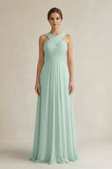 Sage Cross Halter Chiffon A-Line Pleated Bridesmaid Dress | KISSBRIDAL