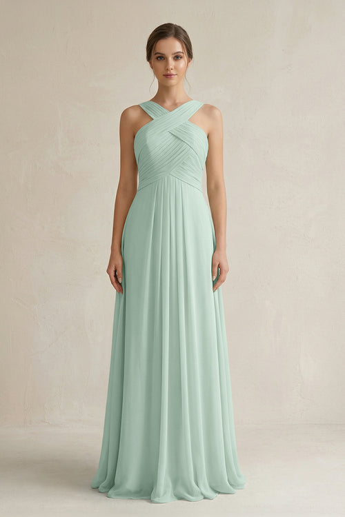 Sage Cross Halter Chiffon A-Line Pleated Bridesmaid Dress | KISSBRIDAL