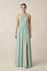 Sage Cross Halter Neck Chiffon A-Line Bridesmaid Dress With Slit | KISSBRIDAL