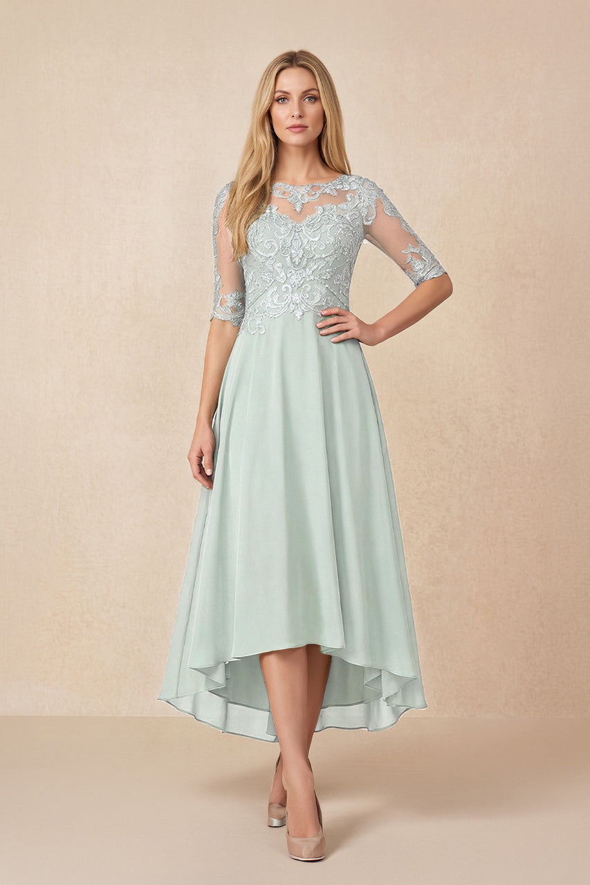 Sage Embroidered A-Line Chiffon Midi Mother of the Bride Dress with Sleeves