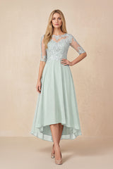 Sage Embroidered A-Line Chiffon Midi Mother of the Bride Dress with Sleeves | KISSBRIDAL