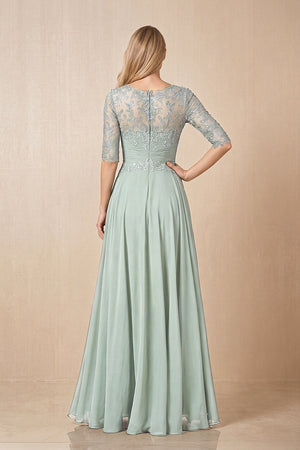 Sage Embroidered Chiffon Boat Neck A-Line Mother of the Bride Dress with Half Sleeves (2) | KISSBRIDAL