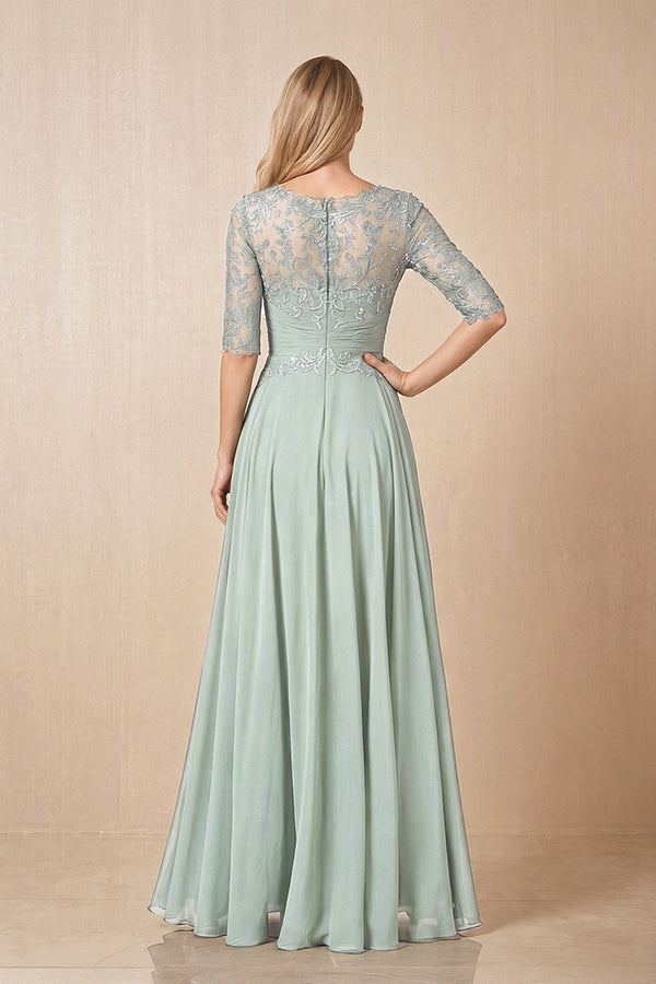 Sage Embroidered Chiffon Boat Neck A-Line Mother of the Bride Dress with Half Sleeves (2) | KISSBRIDAL