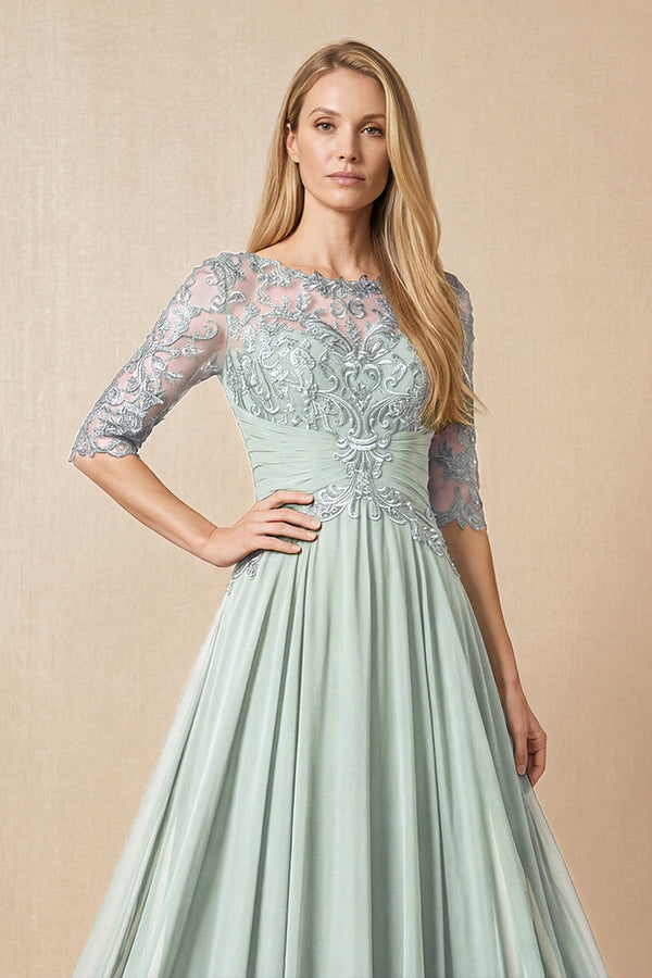 Sage Embroidered Chiffon Boat Neck A-Line Mother of the Bride Dress with Half Sleeves (3) | KISSBRIDAL