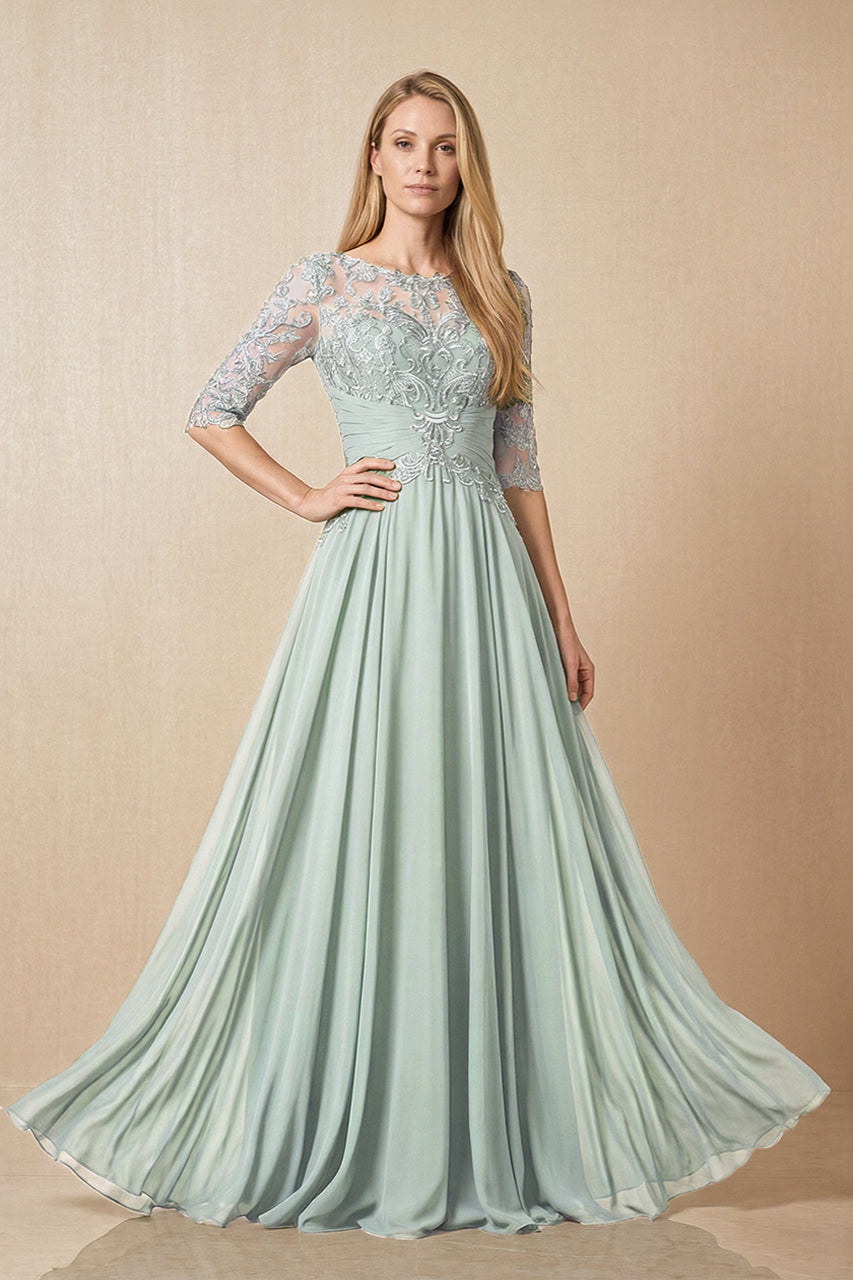 Sage Embroidered Chiffon Boat Neck A-Line Mother of the Bride Dress with Half Sleeves