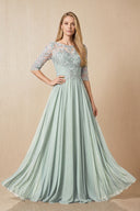 Sage Embroidered Chiffon Boat Neck A-Line Mother of the Bride Dress with Half Sleeves | KISSBRIDAL