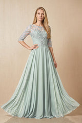 Sage Embroidered Chiffon Boat Neck A-Line Mother of the Bride Dress with Half Sleeves | KISSBRIDAL