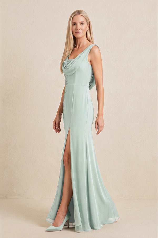 Sage Embroidered Cowl Neck Sheath Chiffon Mother of the Bride Dress (3) | KISSBRIDAL