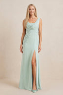 Sage Embroidered Cowl Neck Sheath Chiffon Mother of the Bride Dress | KISSBRIDAL