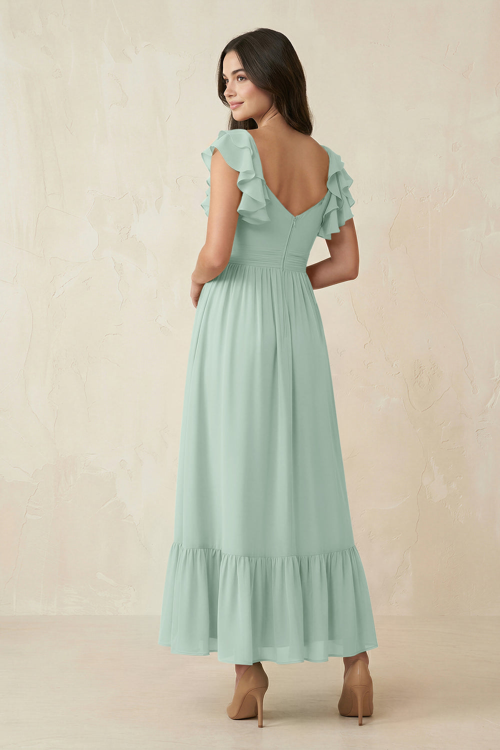 Flutter Sleeve Sweetheart A-Line Chiffon Bridesmaid Dress in Sage